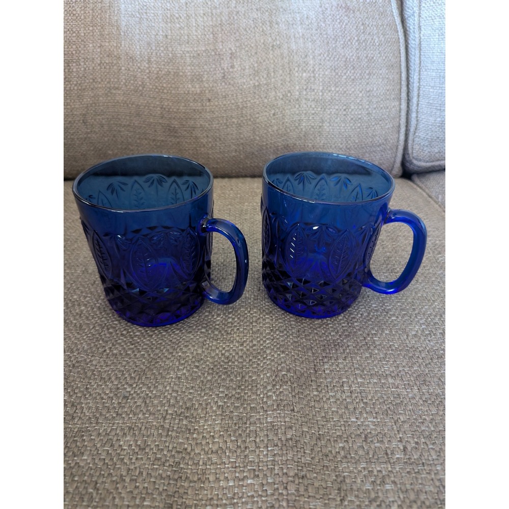Set of Two Vintage Avon Royal Sapphire Mugs Pressed Leaf and Diamond Pattern